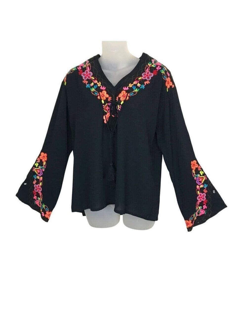 Misa Los Angeles Beautiful Black Embroidered Boho Blouse With Ties Size XS